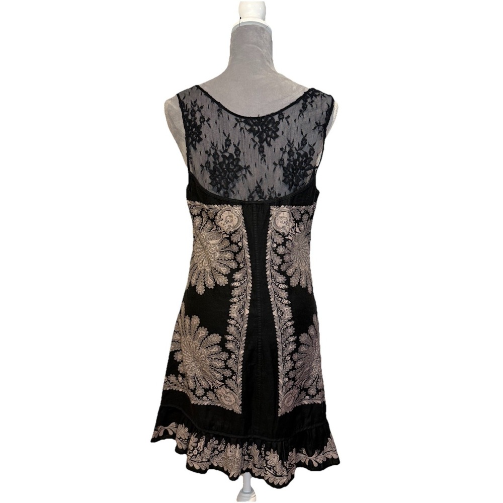 FREE People Linen Blend Black Taupe Embroidered Peacock Mini Boho Dress Sz 12 - Picture 6 of 10